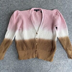 Veronica Beard Cardigan Sweater Womens Medium Pink Tan Ombre Puff Sleeve Knit